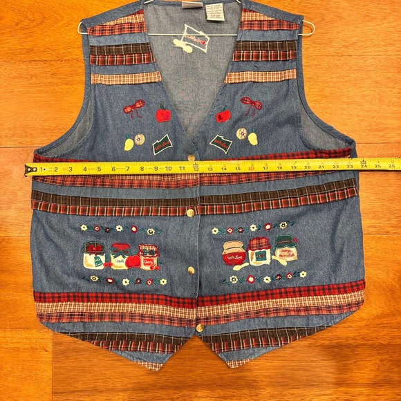 VTG Bobbie Brooks Womens Denim Blue Vest Cherries Apples Jars Plaid Trim XL - Picture 13 of 14